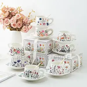 Available Elegant Retro Hand-Printed Peony Flower Coffee Cups Saucer