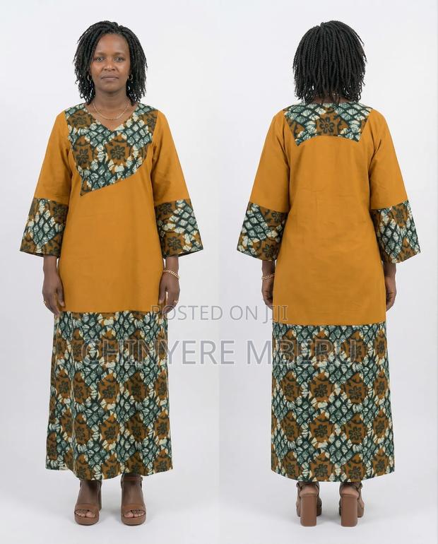 Green and Mustard Flower Patterned Long Kaftan Dress - thumbnail 2