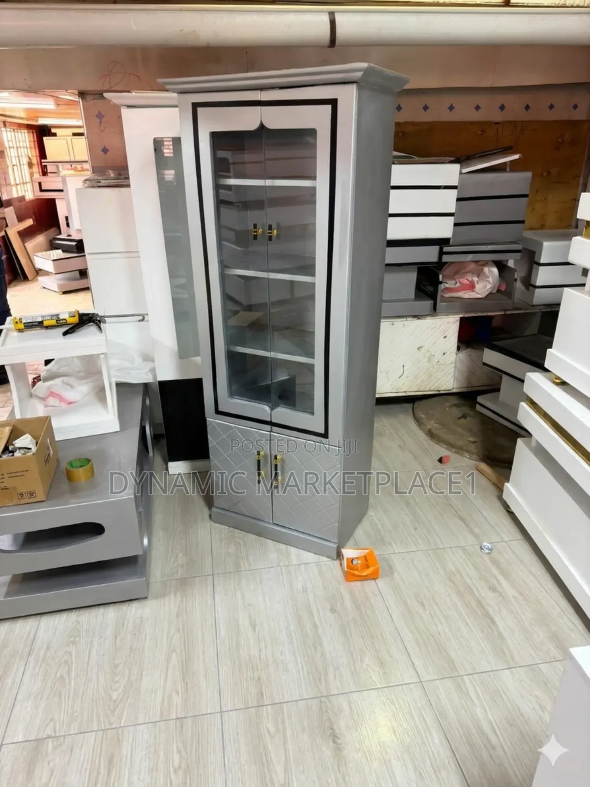 Modern Kitchen Silver Metallic Display Cabinet