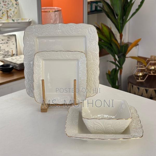 24-Piece Porcelain Dinnerware Set Ft Square White Plates Bowls - thumbnail 2
