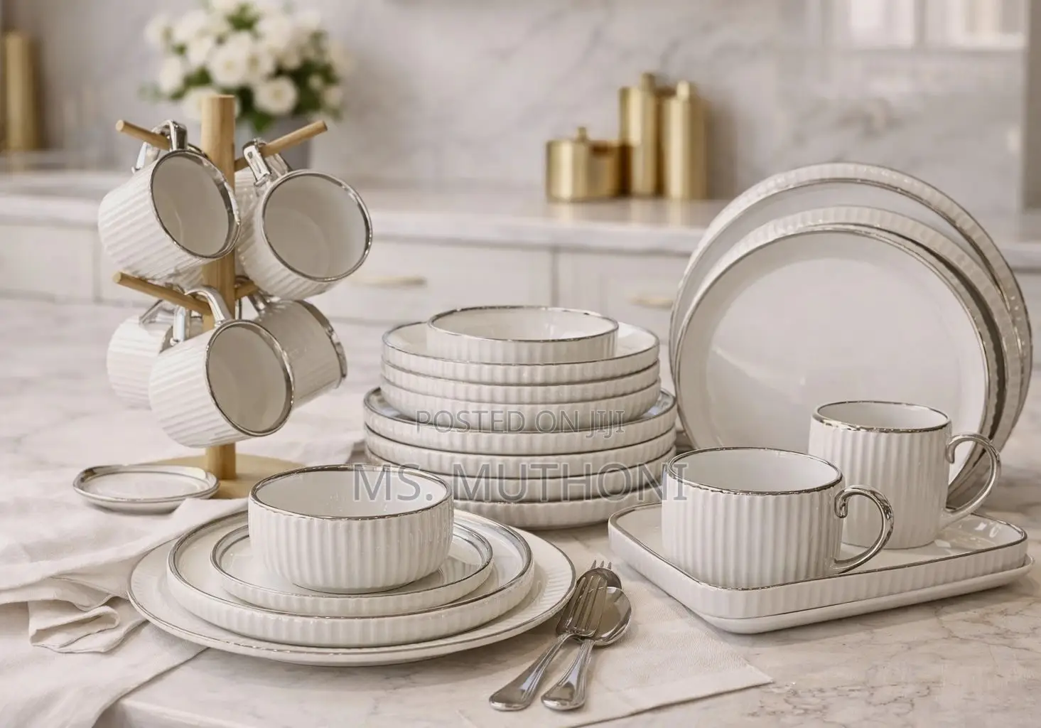 32-Piece Luxury Nordic Style Ceramic Dinnerware Set With a Silver Rim