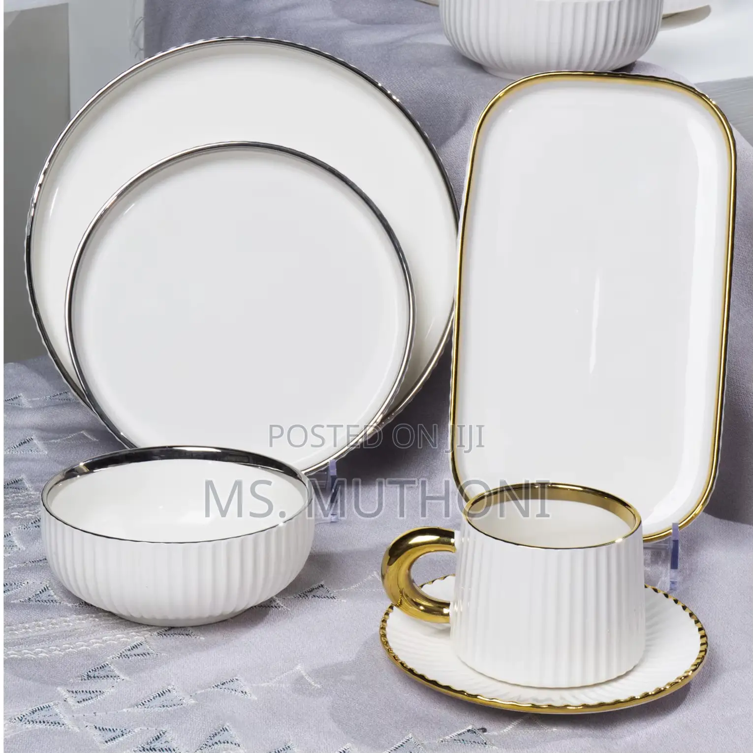 32-Piece Luxury Nordic Style Ceramic Dinnerware Set With a Silver Rim
