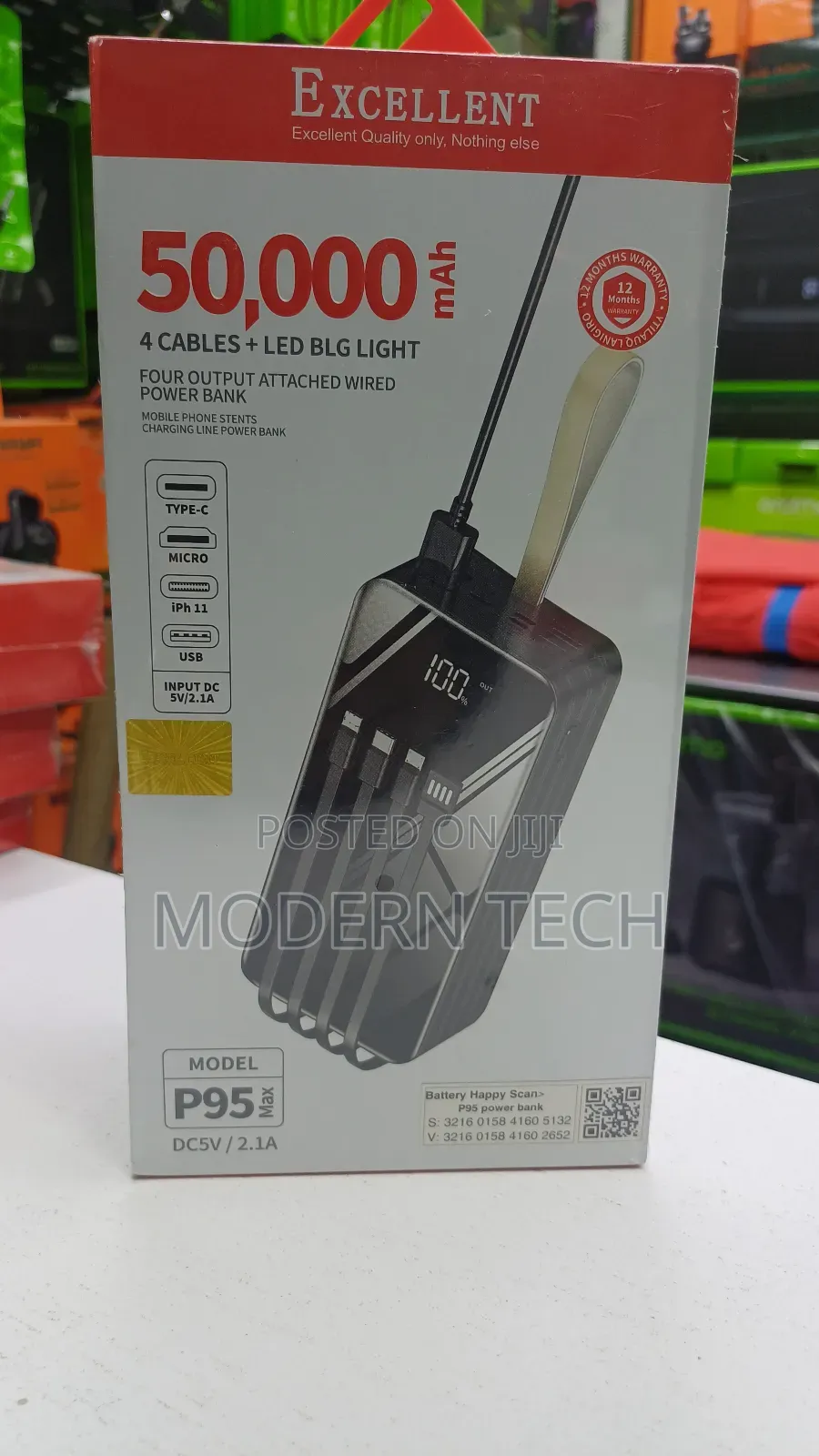 Excellent P95 50,000 Mah Power Bank, 4 Cables. Led Big Light