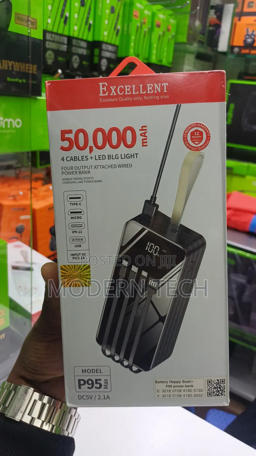 Excellent P95 50,000 Mah Power Bank, 4 Cables.