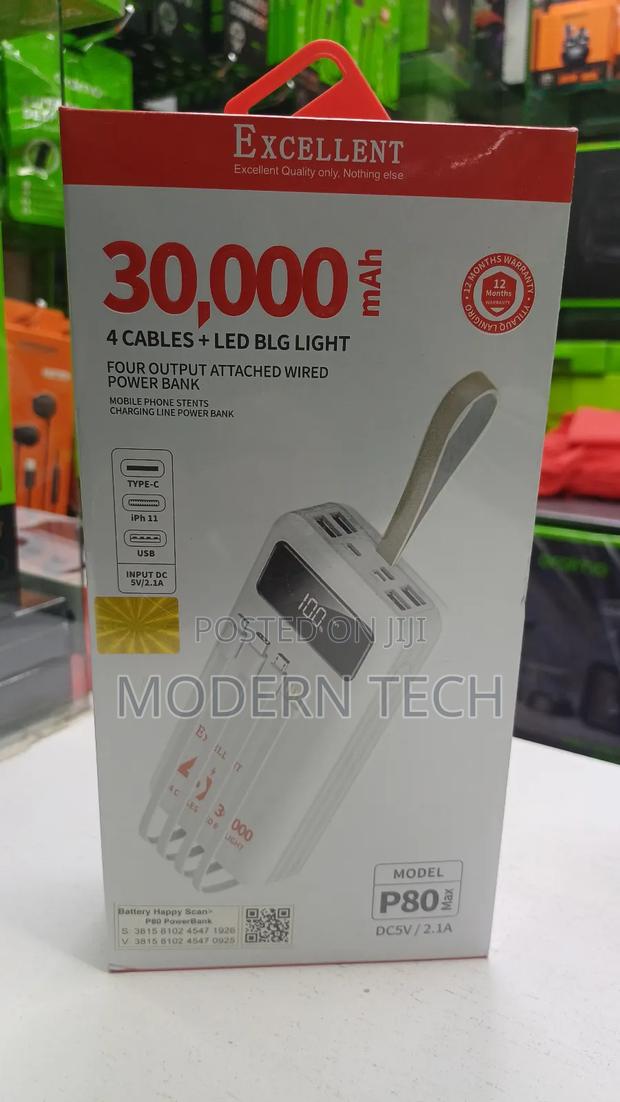 Excellent P80 30,000mah 4 Cables + Led Big Light Power Bank - thumbnail 2