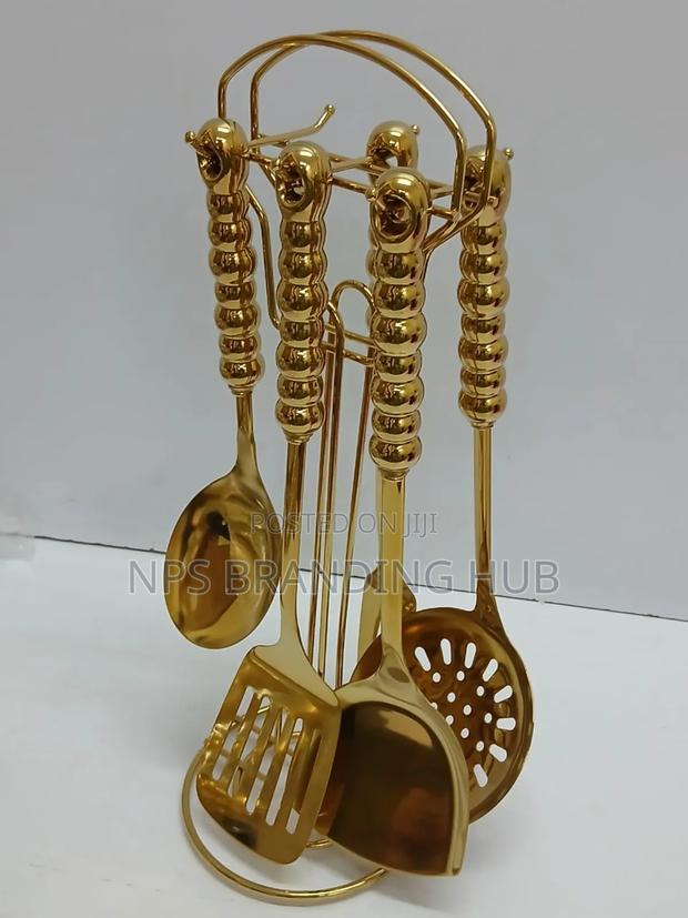 6 in 1 Gold Vanished Serving Spoon Set With Stand Ceramic Handle Ao