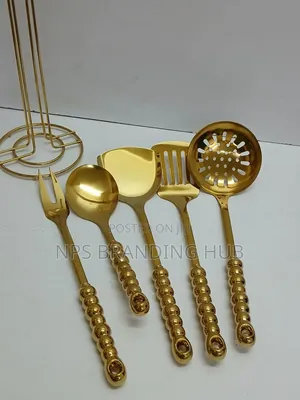 6 in 1 Gold Vanished Serving Spoon Set With Stand Ceramic Handle Ao