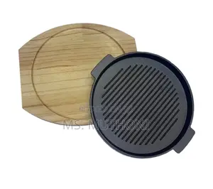 Heavy Round Cast Iron Sizzling Grill Pan With Wooden Base.(22 Cm )