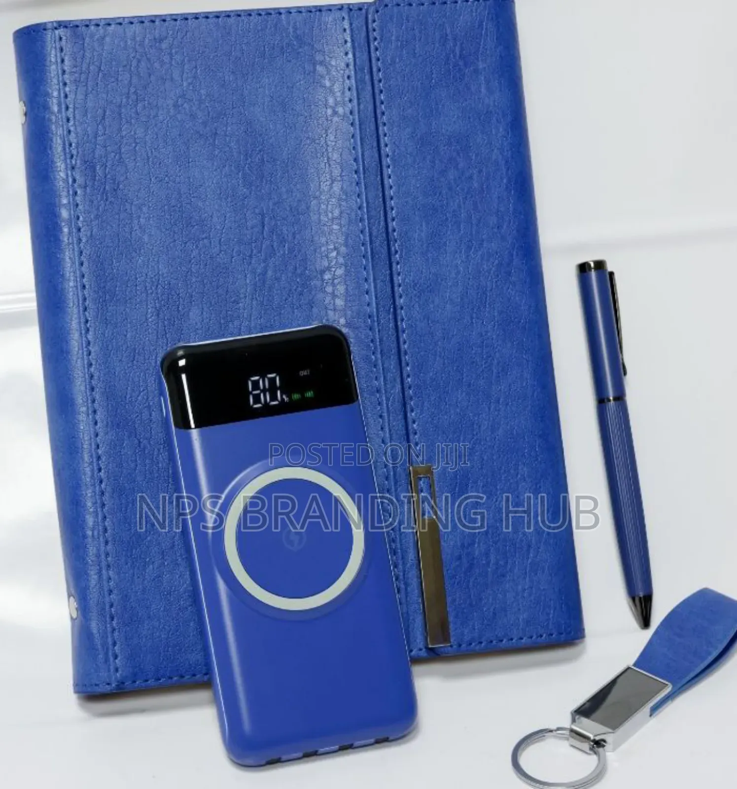 Executive Gift Set Blue Leather Notebook, Pen, A Keychain, Power Bank