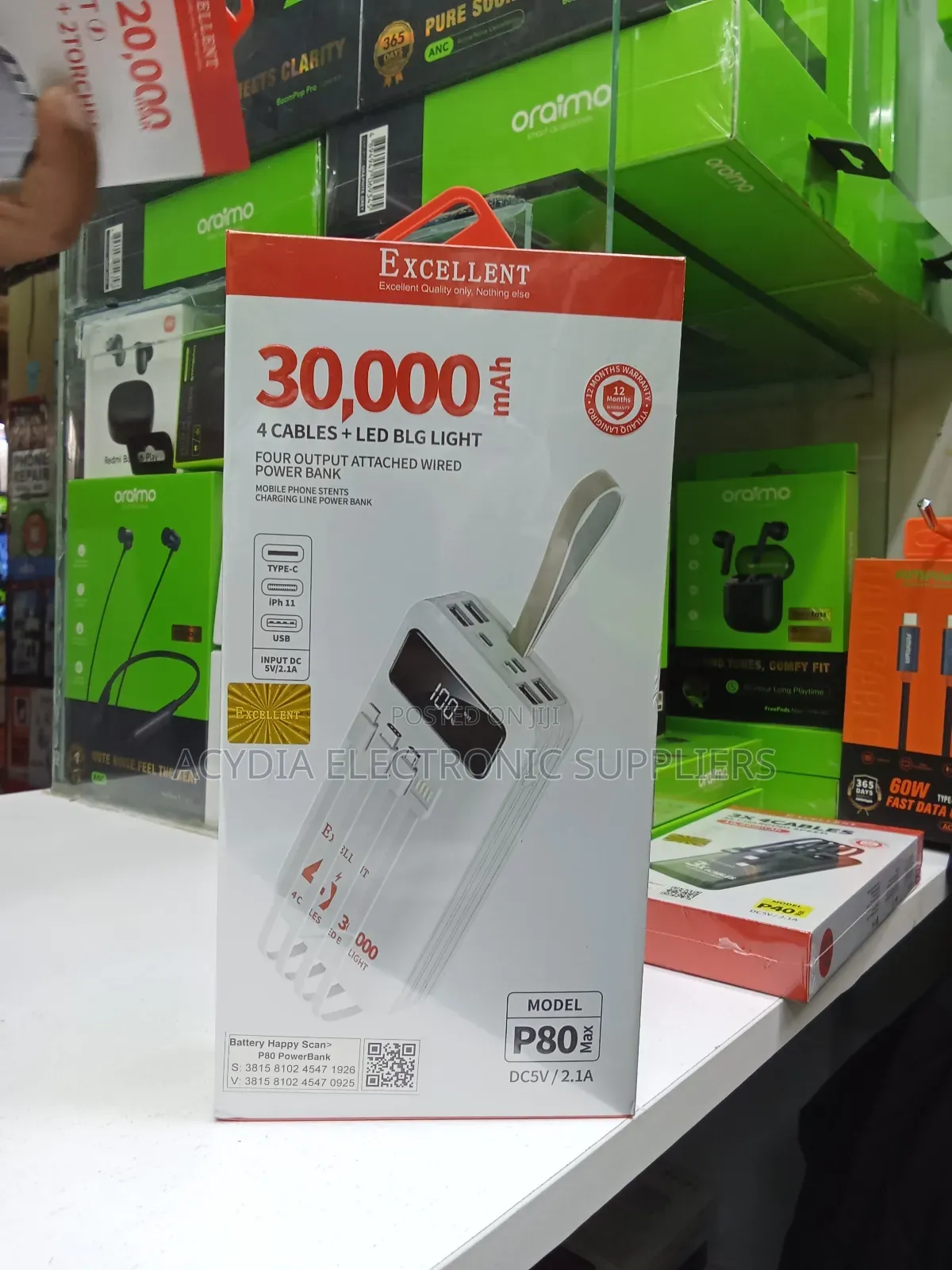 Excellent P80 30000mah 4 Cable and Led Digital Display Power Bank