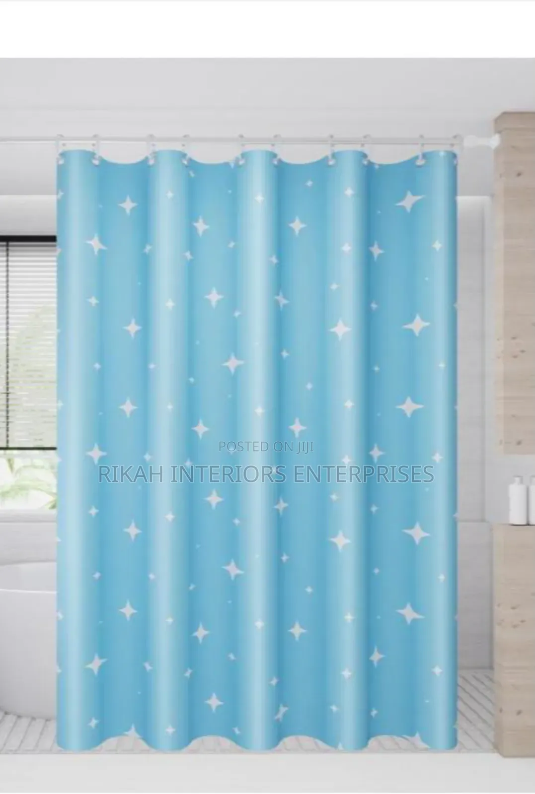 Sky Blue Waterproof Shower Curtains With Rings