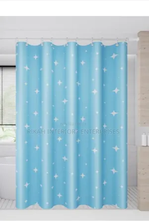 Sky Blue Waterproof Shower Curtains With Rings