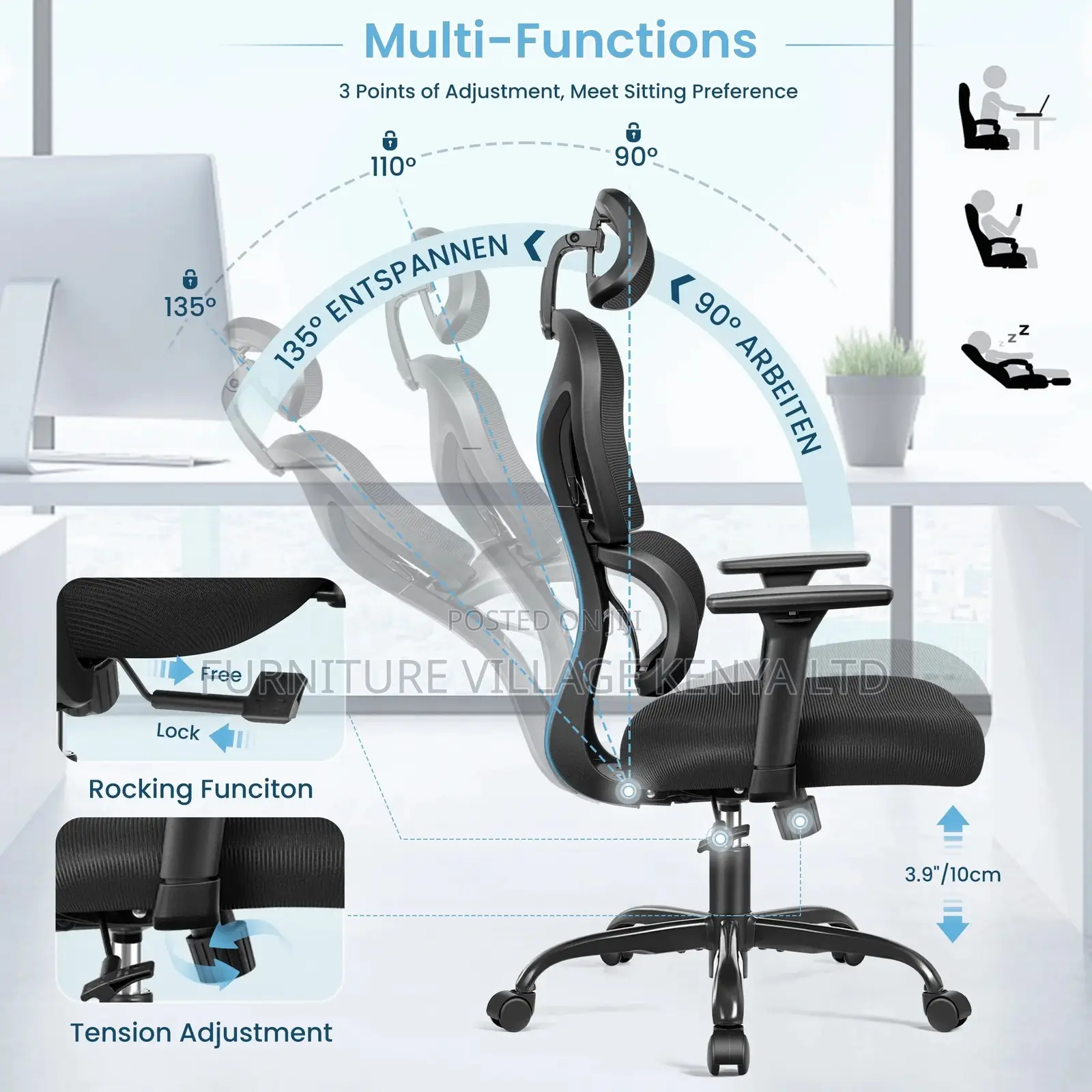 Office Chair; Black Orthopedic High- Back Office Chair