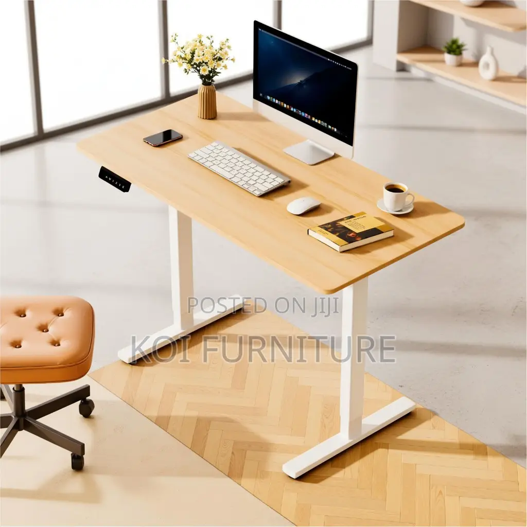 Office Desk; Compact 140cm Brown Height Electric Office Desks