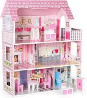 Pink Wooden Kids Doll House With Furniture Set