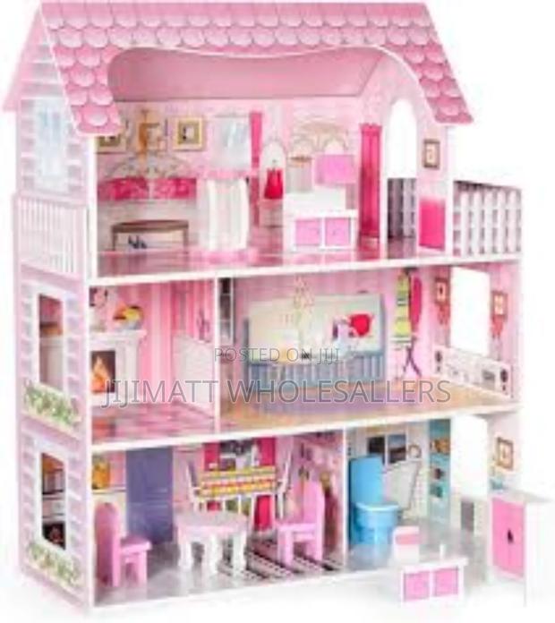 Pink Wooden Kids Doll House With Furniture Set