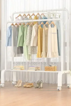 Double Rail - White Clothes Rack Stand With Wheels