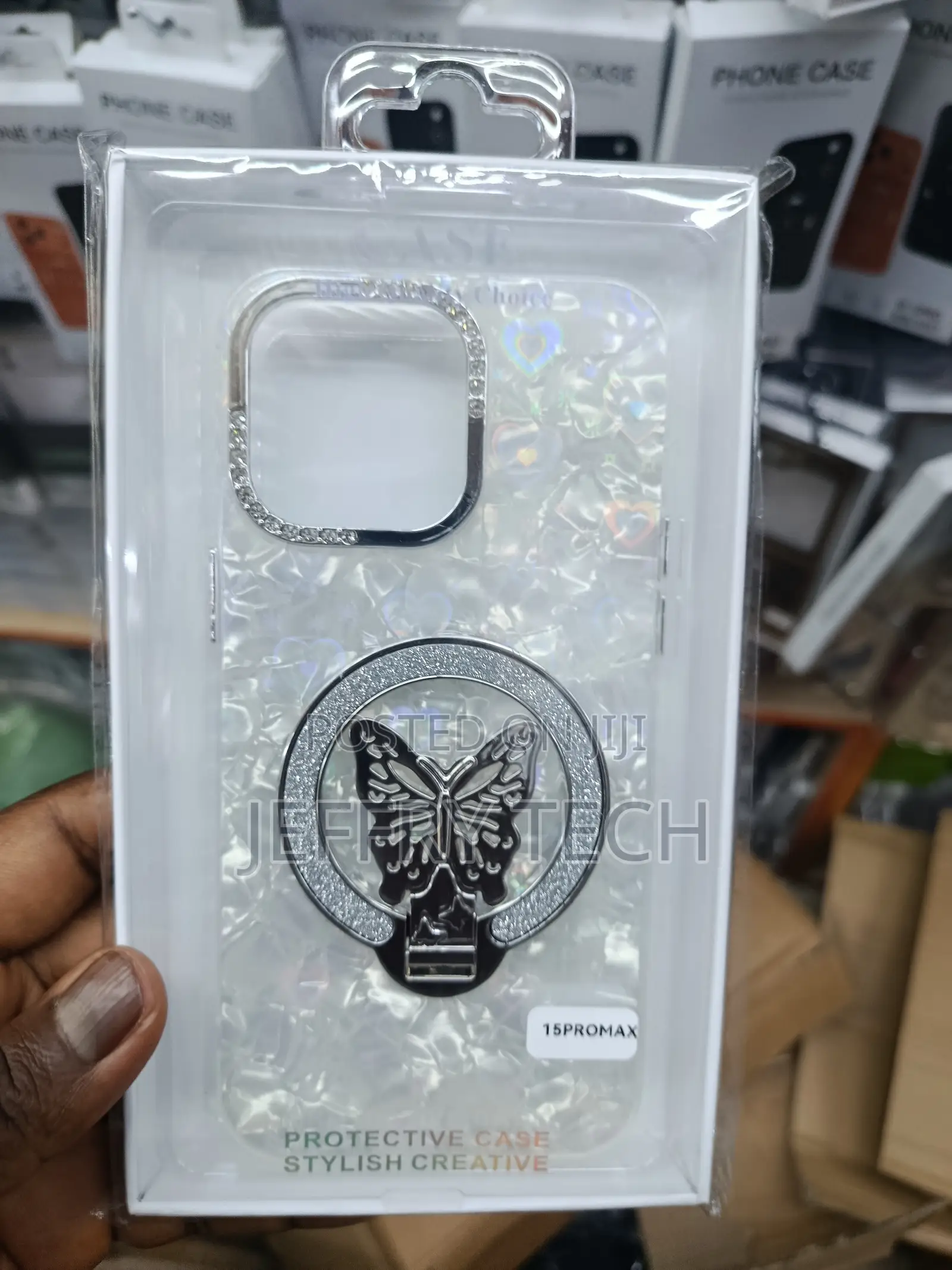 Cazas Butterfly Ring Stand Rhinestone Accents iPhone 15 Pro Max Case