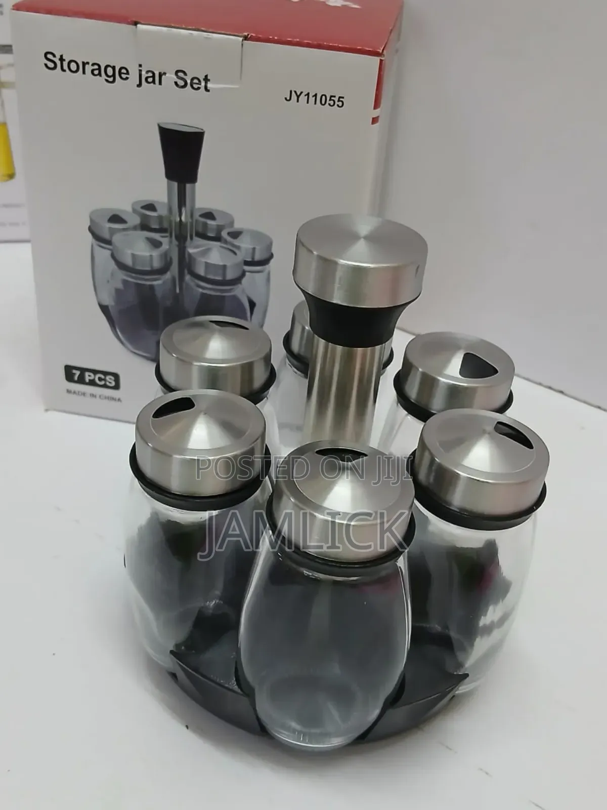 7-in-1 Rotating Kitchen Spice Bottle Set – Glass With Metallic Lid –Bz