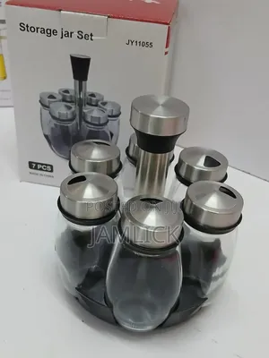 7-in-1 Rotating Kitchen Spice Bottle Set – Glass With Metallic Lid –Bz