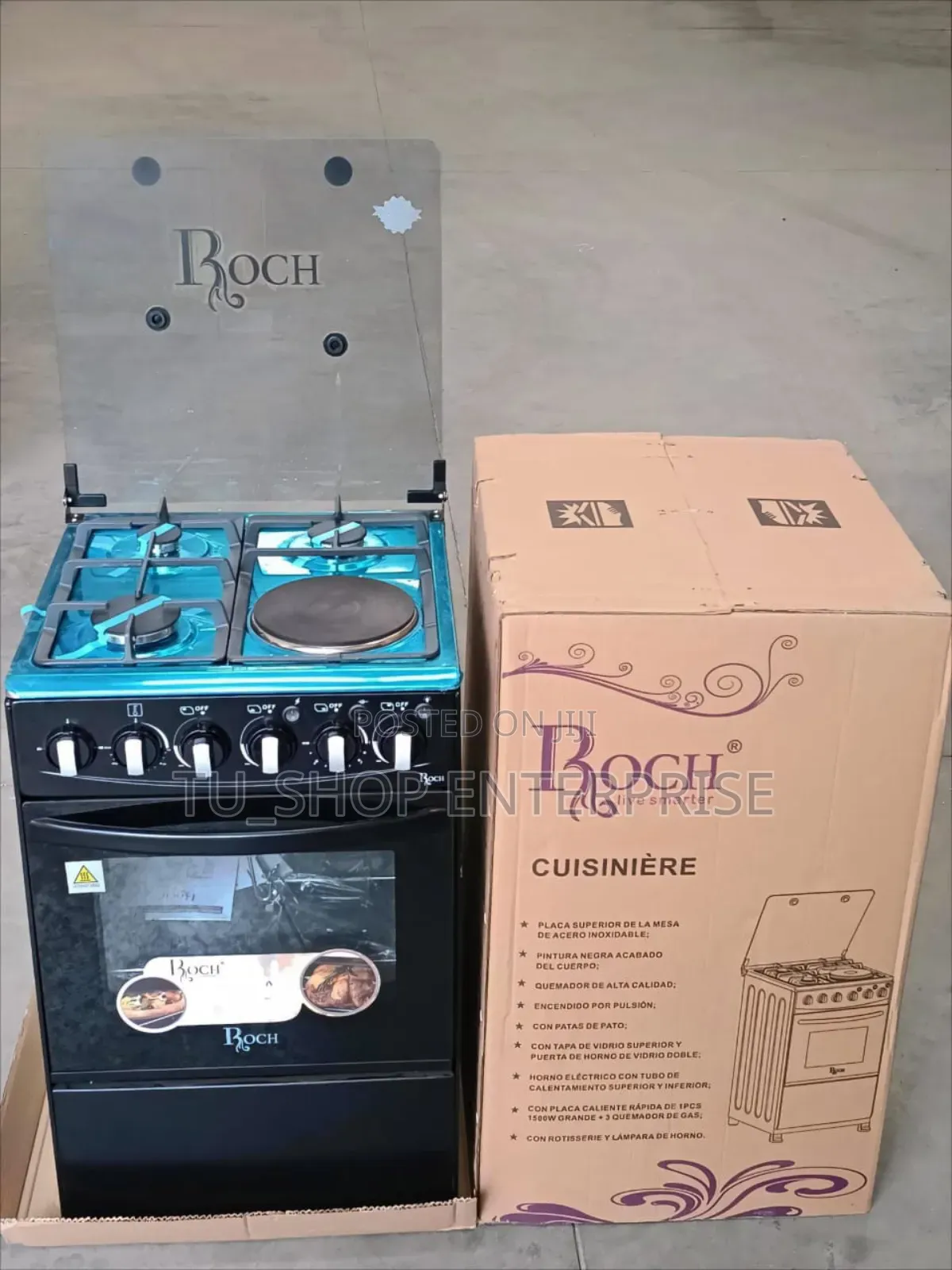 Roch Black 50×55 Standing Cooker – 3 Gas + 1 Electric Plate.