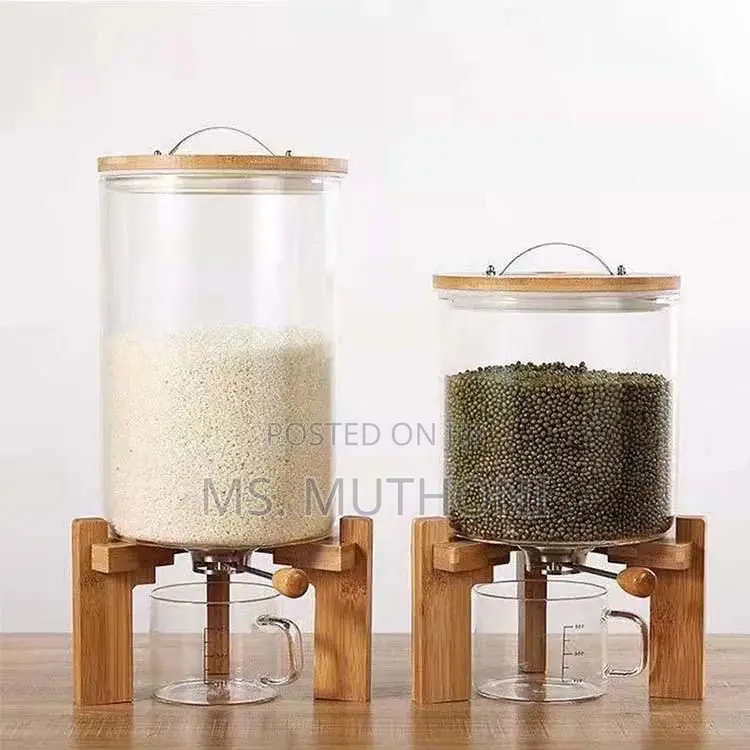 5l / 7.5 L Glass Rice Dispenser Featuring a Bamboo Stand.