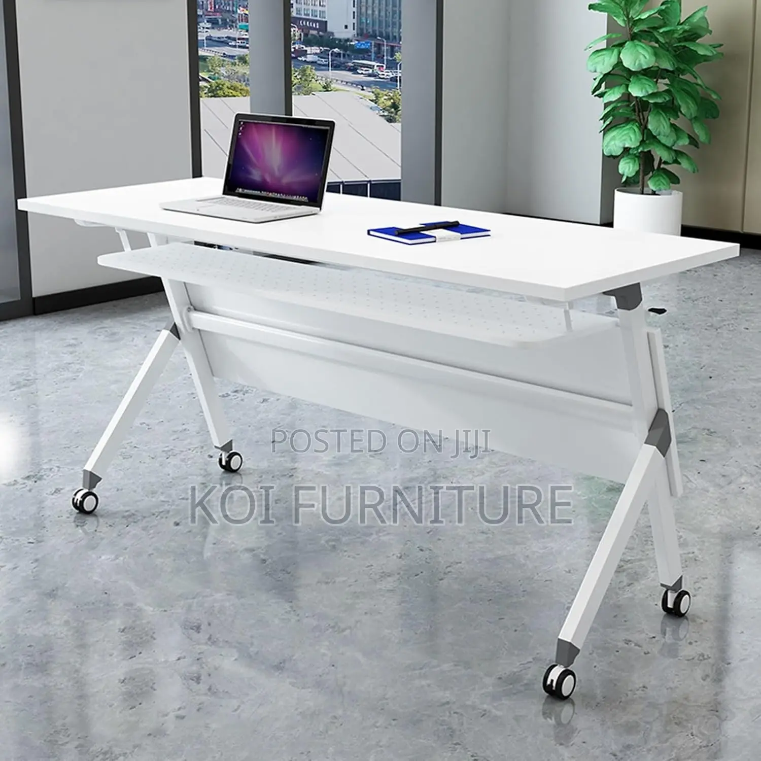 Office Desk : 1.2m Modern White Foldable Training Table,