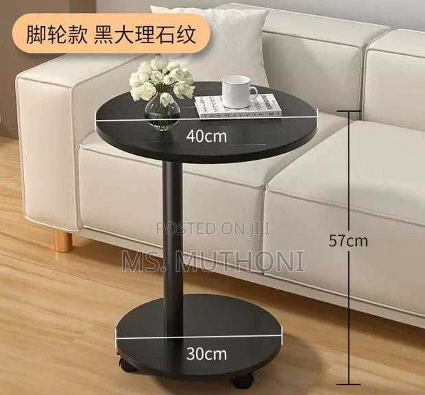 Modern Black Marble-Look Round Side Table With Wheels - thumbnail 2