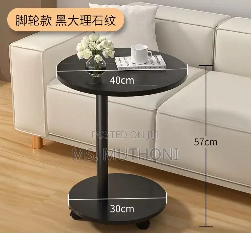 Modern Black Marble-Look Round Side Table With Wheels