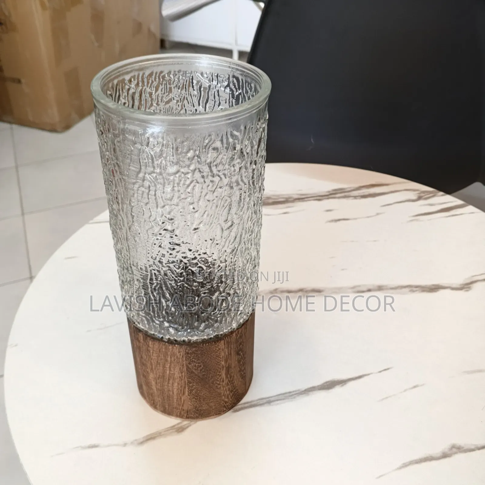 Glass With Wooden Base Flower Vase .