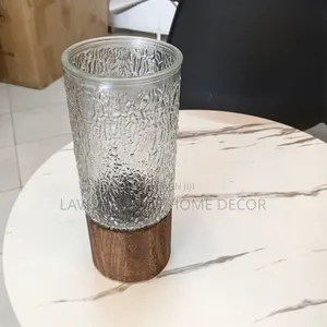 Glass With Wooden Base Flower Vase .