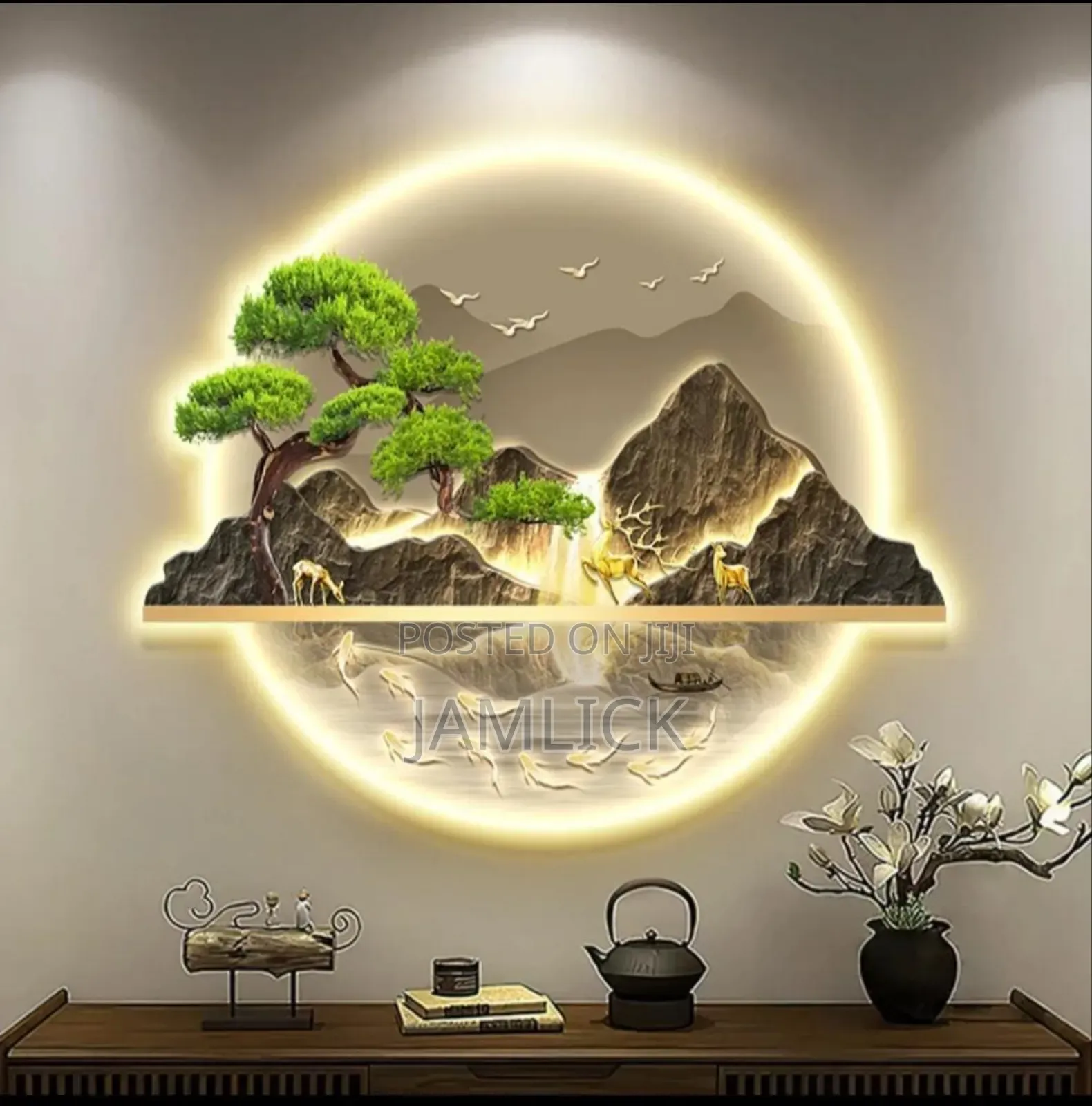 60×80 Round Greeting Pine 3d Led Decorative Wall Clock - Gh