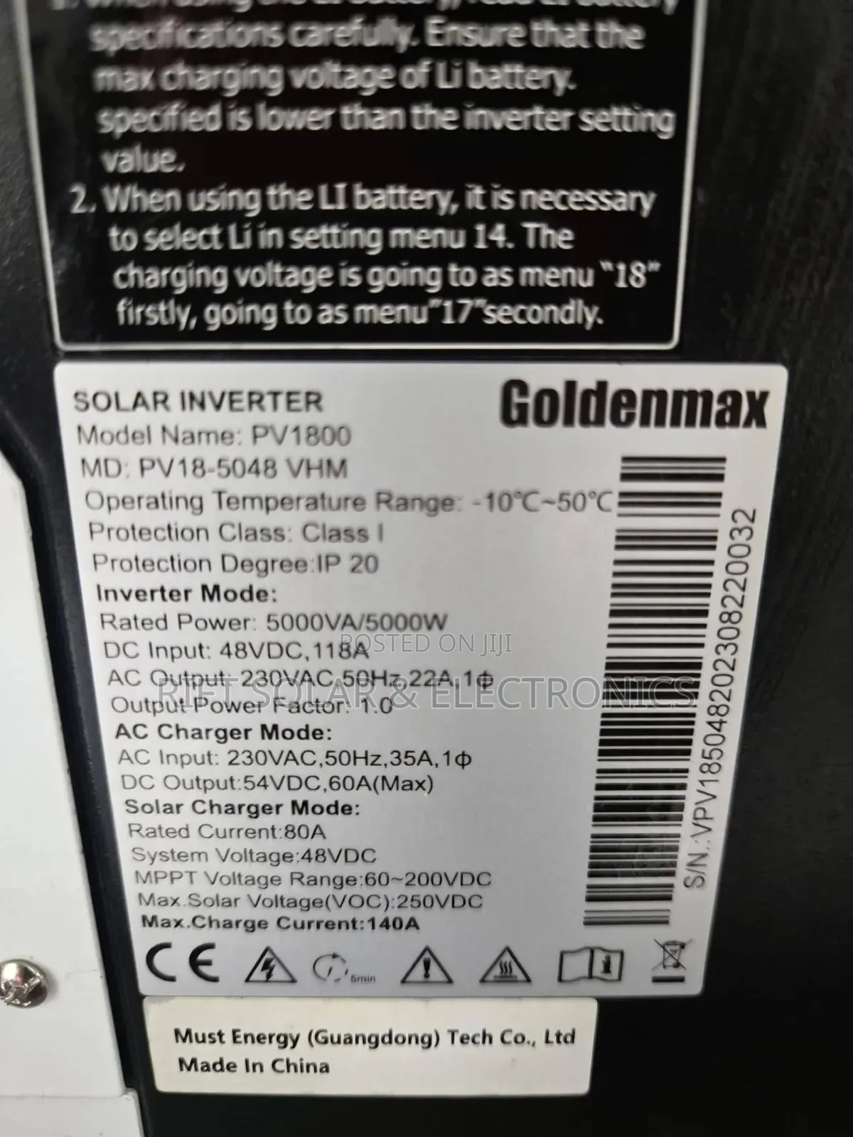 Must 5.5kva - 48v Hybrid Solar MPPT 100a Inverter 250 Voc Smart