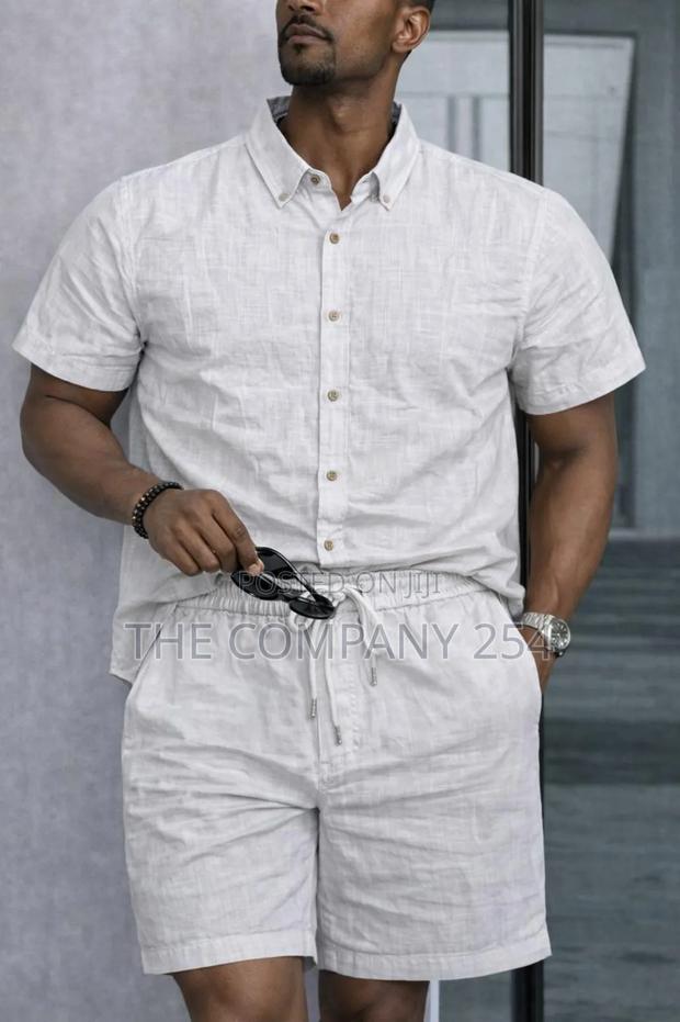 Quality 2 Piece Linen Stripped Shirt,Short Suits Available - main view
