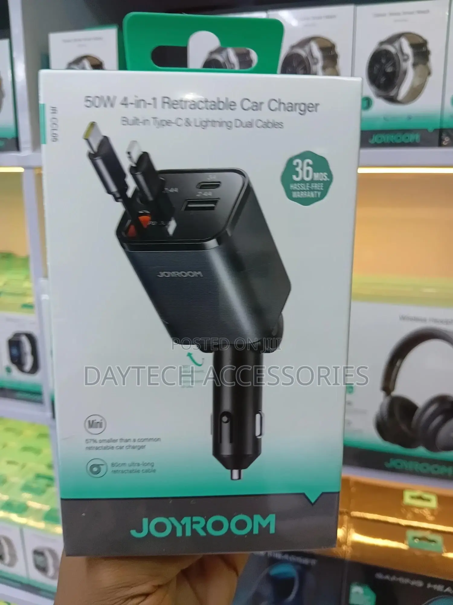 Joyroom 4 in 1 Car Charger With 50w Fast Charging Retractable Cables.