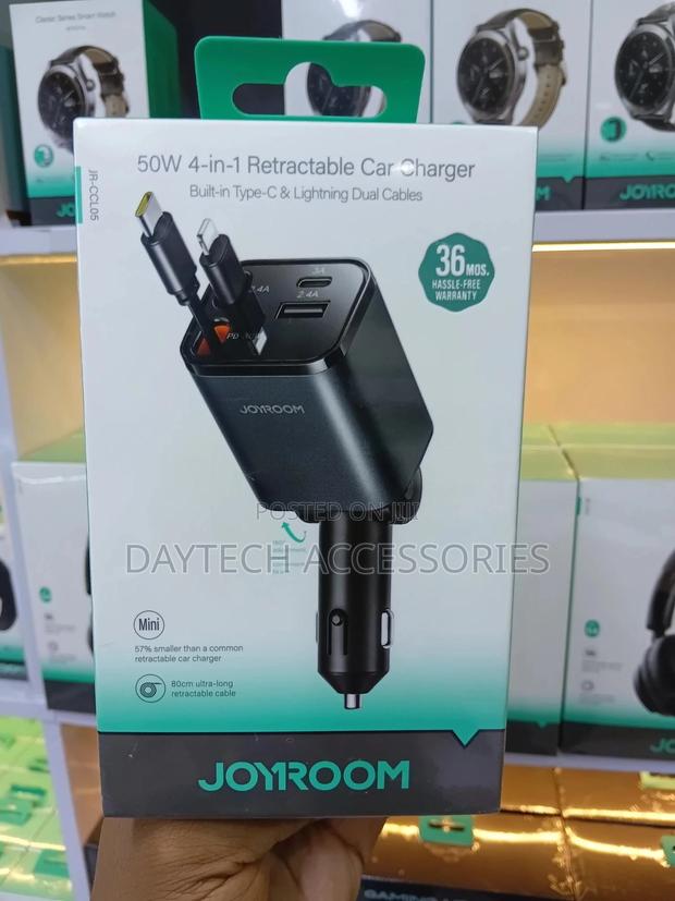 Joyroom 4 in 1 Car Charger With 50w Fast Charging Retractable Cables.