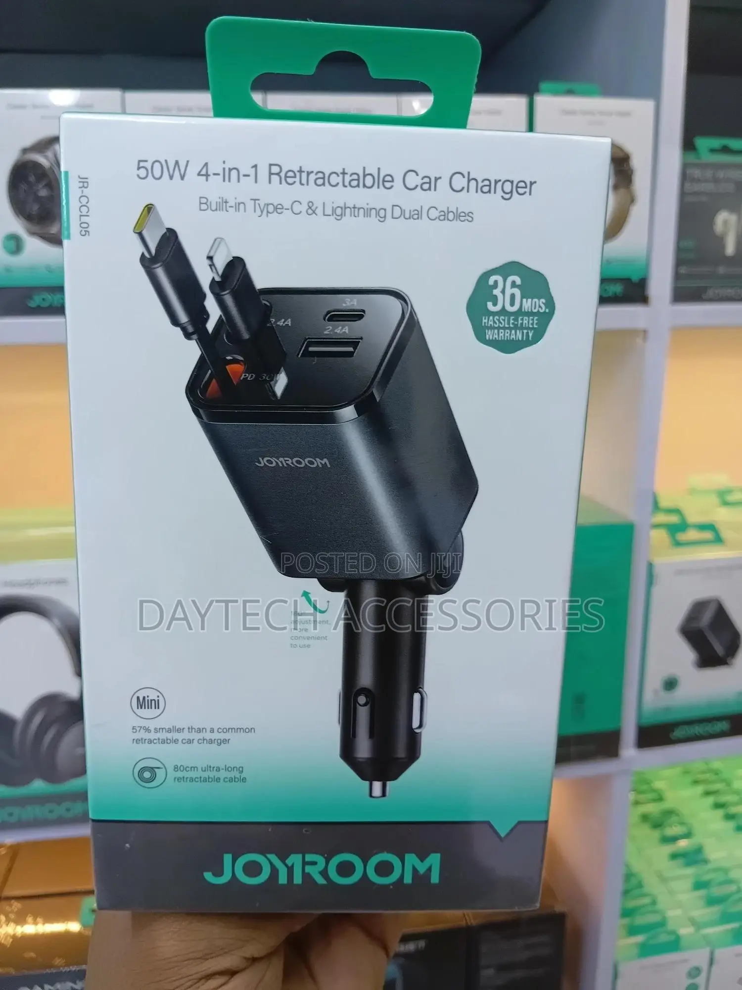 Joyroom 4 in 1 Car Charger With 50w Fast Charging Retractable Cables.