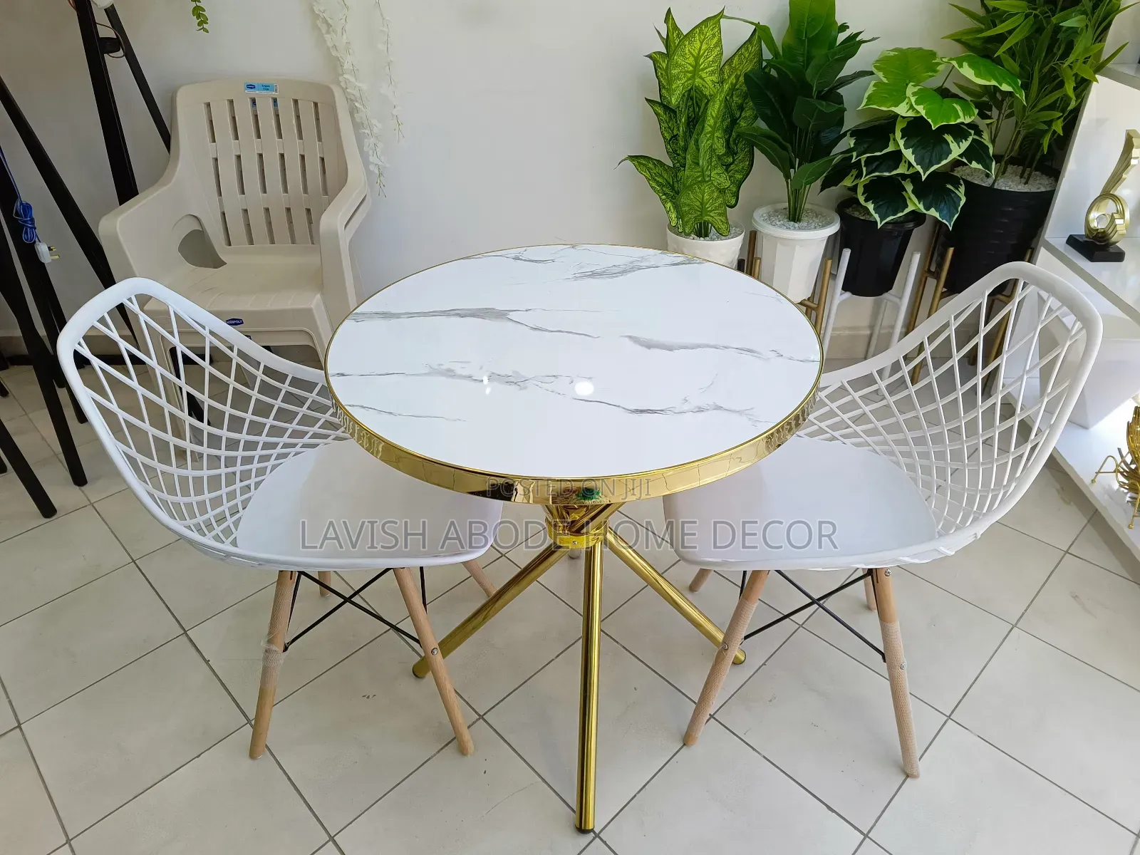 2-Seater Round Gold Marble Effect Dining Table Set - 2 Mesh Eames Chai