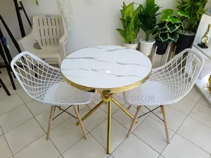 2-Seater Round Gold Marble Effect Dining Table Set - 2 Mesh Eames Chai