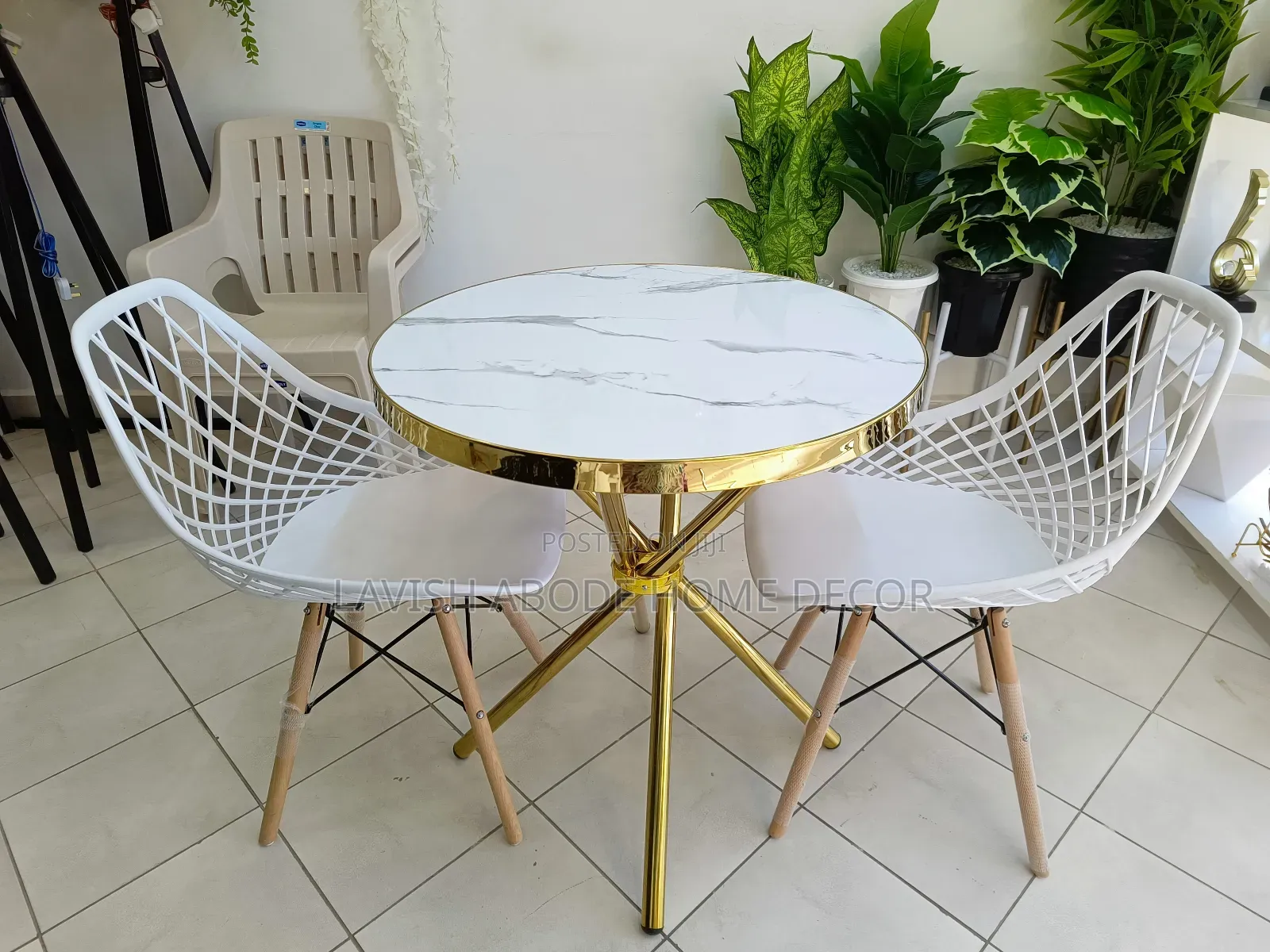 2-Seater Round Gold Marble Effect Dining Table Set - 2 Mesh Eames Chai
