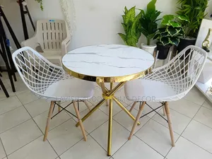2-Seater Round Gold Marble Effect Dining Table Set - 2 Mesh Eames Chai