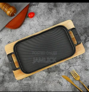 Thickened Rectangular Cast Iron Sizzling Grill Pan + Wooden Base - Nw