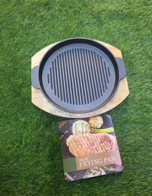 Thickened Round Cast Iron Sizzling Grill Pan With Wooden Base - Nw