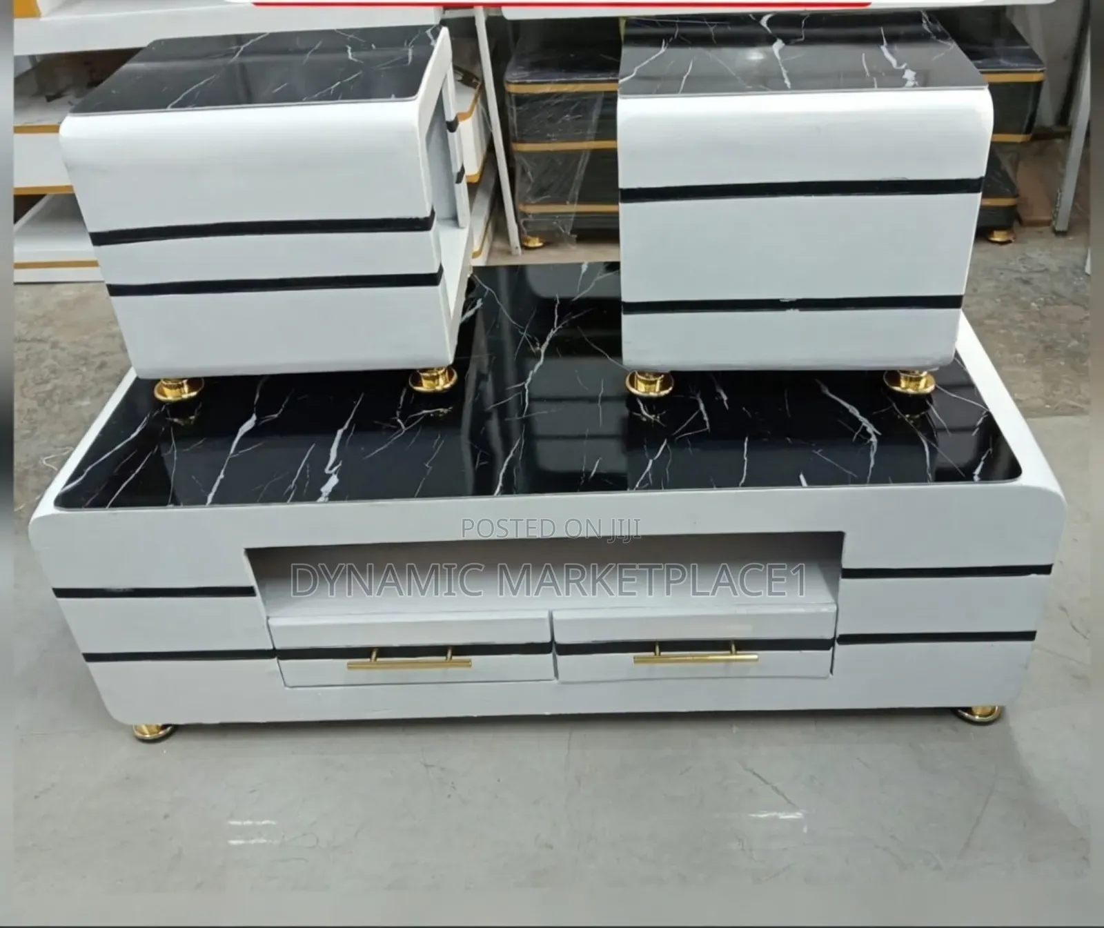 White Black Marble Tv Stand and 2 Stools