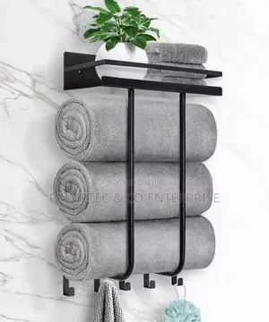 Bathroom Towel Holder With Metal Shelf and 5 Hooks Towel Rack