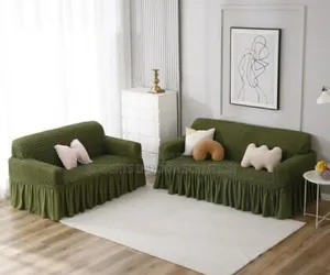 Olive Green Turkish Bubble Stretch Sofa Cover With Ruffled Skirt
