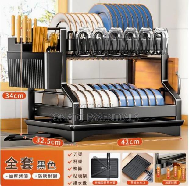 2-Tier Kitchen Dish Rack Organizer - Stainless Steel Drying Rack Black - thumbnail 2