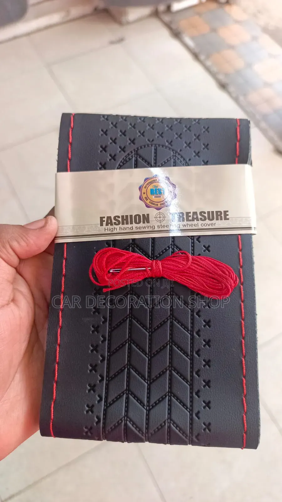 Black Hand Sewing Steering Wheel Cover With Red Thread and Needle