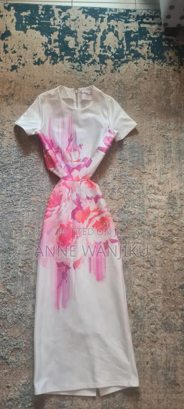 White and Pink Floral Elegant Cut-Out Waist Design Dress - main view