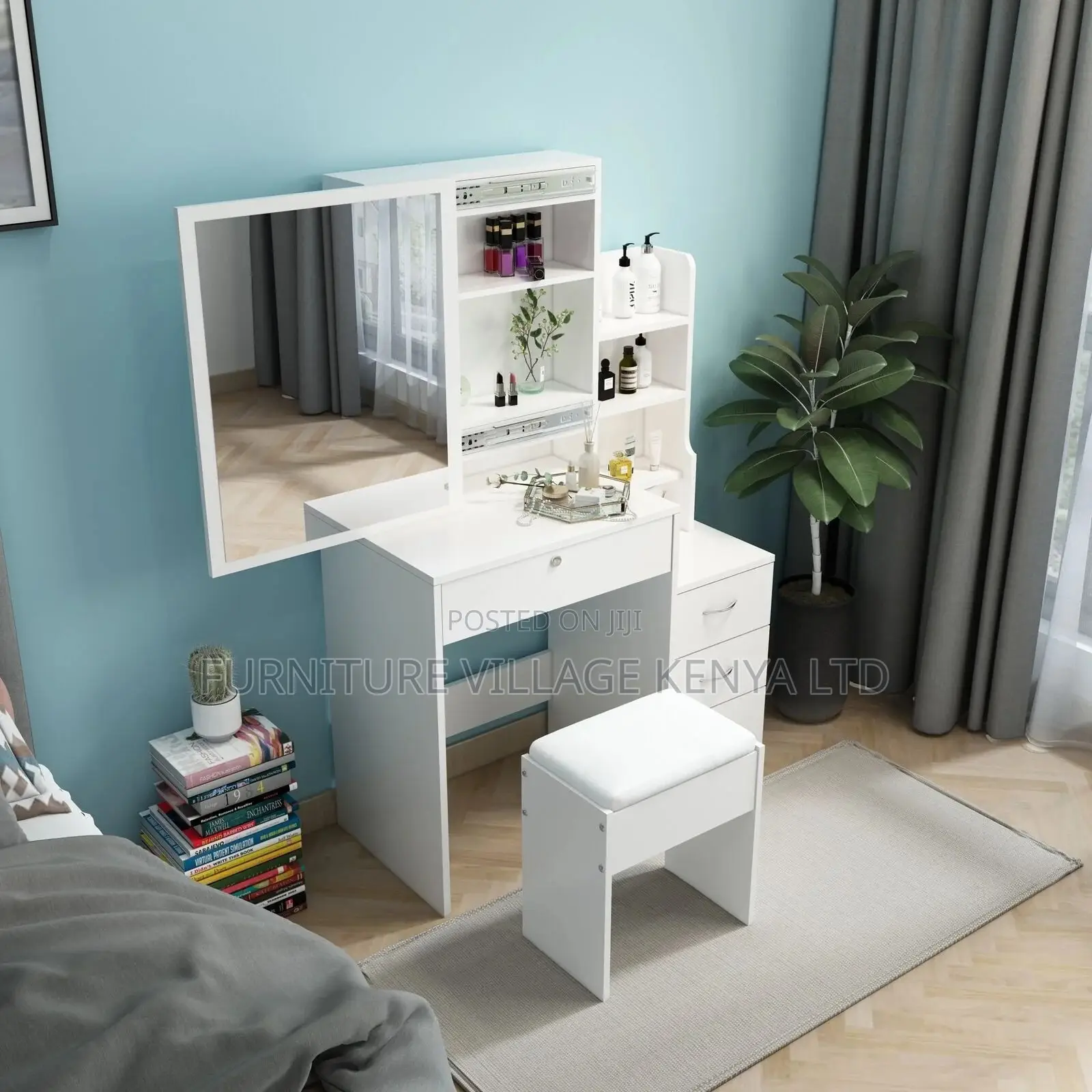 Dresser;Modern Dressing Table W/4 Drawers Sliding Mirror Stool